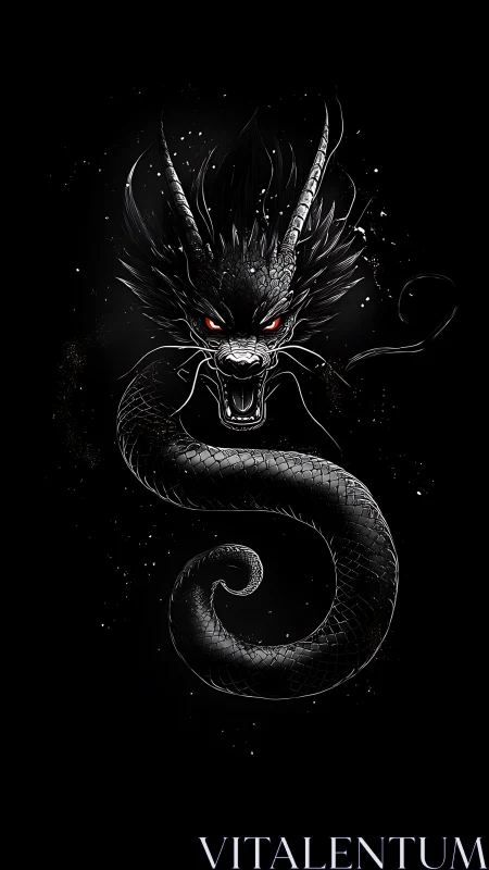 Black serpentine dragon head emerges with glowing red eyes