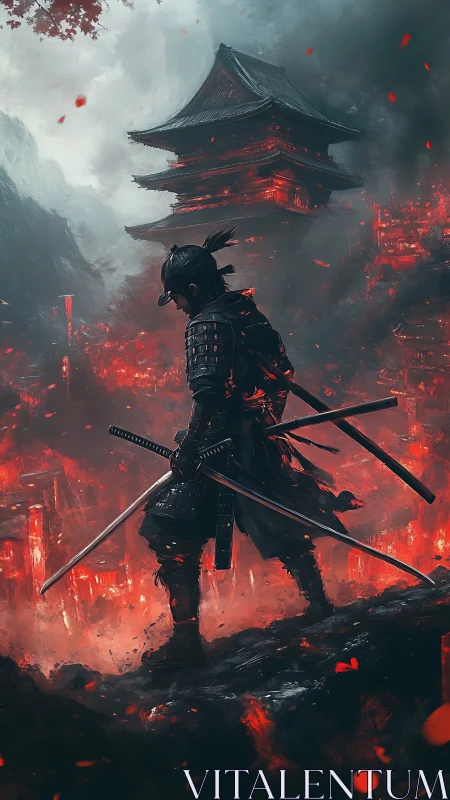 Lone samurai stands brave before a burning scarlet temple.