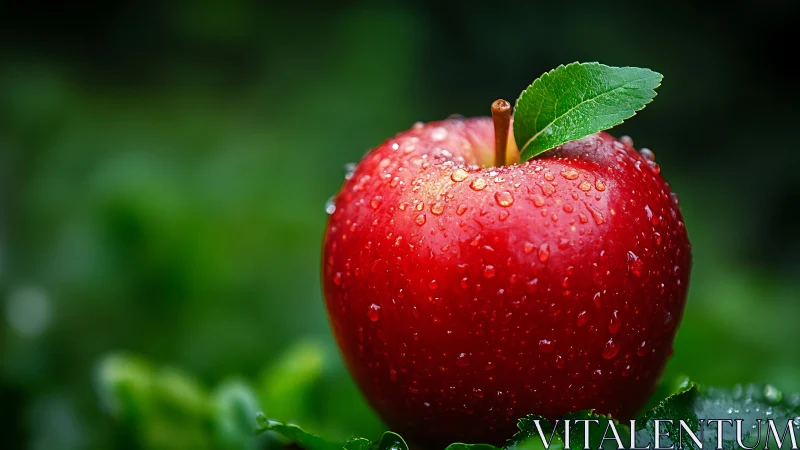 Red apple with water droplets on green foliage background.