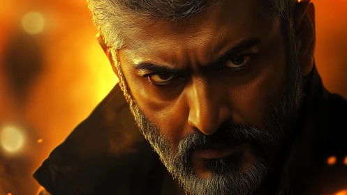 Storm-eyed vigilante glows against molten city dusk.