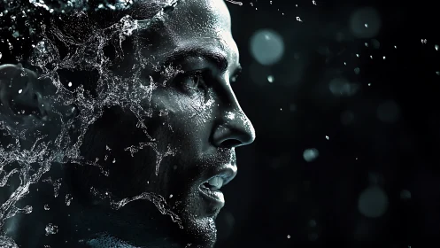 Dynamic male profile merged with splashing water effect.