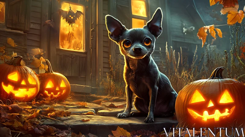Tiny black dog gazes at glowing jack-o-lanterns on porch steps
