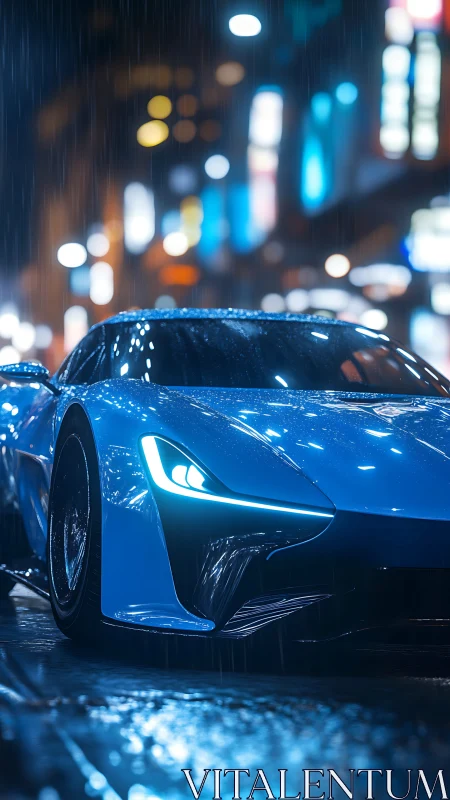 Neon rain crowns a blue hypercar stalking the slick city