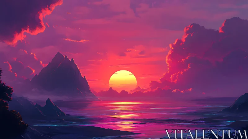 Vibrant digital seascape sunset behind distant mountains.