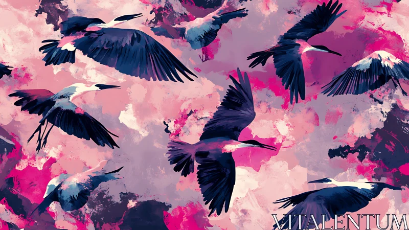 Elegant herons in flight over abstract pink sky, digital art style.