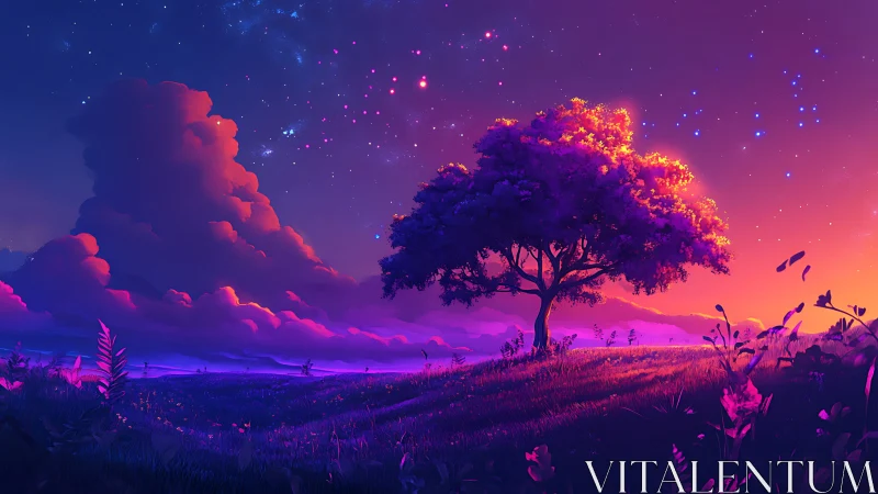 Gradient-lit lone tree under saturated twilight sky and stars
