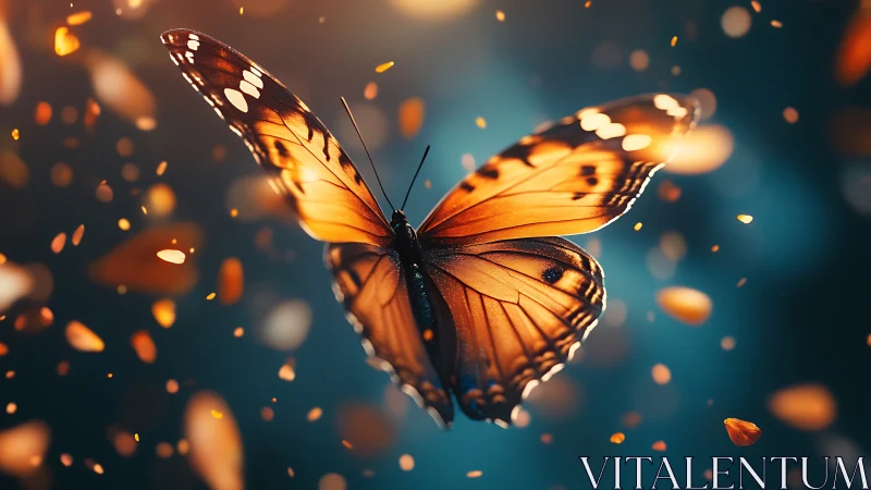 Glowing orange butterfly drifts through dreamy bokeh sparks