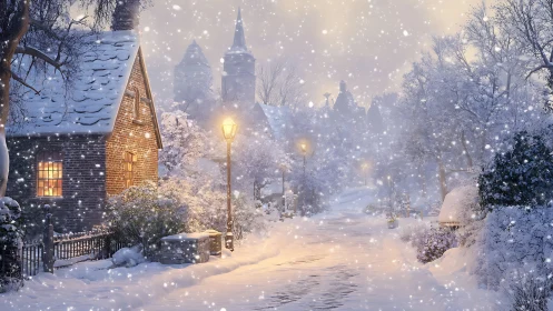 Snow-dusted village lane hums softly under golden lamplight