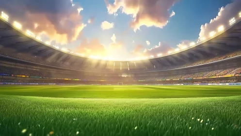 Sunlit football stadium bowl with glowing emerald pitch.