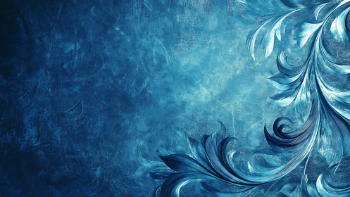 Blue floral scrollwork sweeps across textured abstract field.