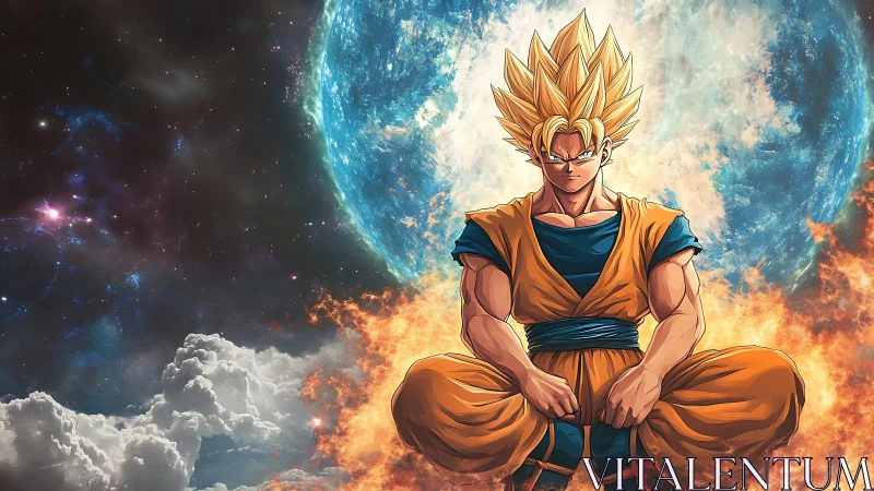 Golden haired warrior meditates before vast burning planet