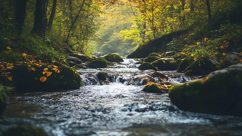Tranquil Forest Stream in Autumn Light, Nature Photography.
