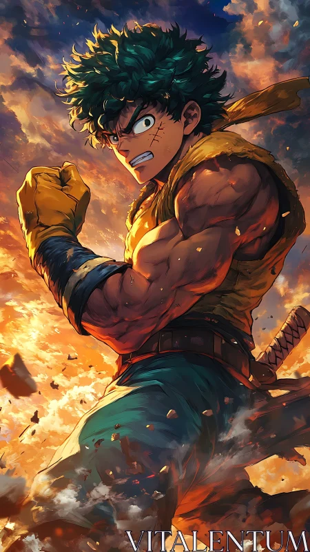 Heroic anime fighter framed by explosive sunset clouds.