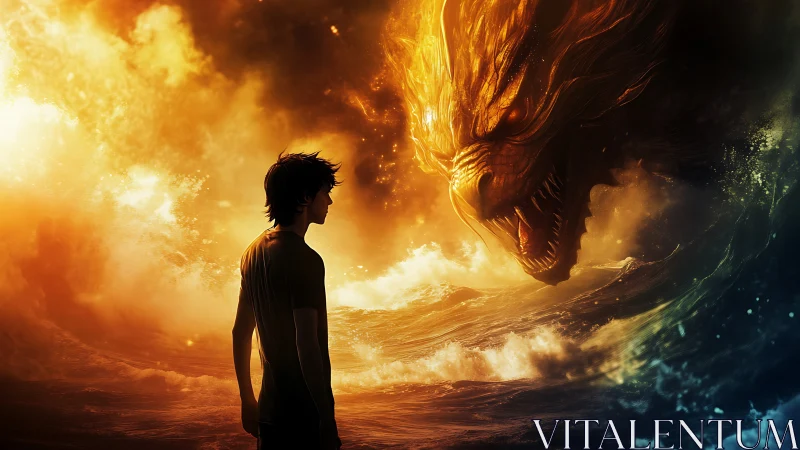 Stormlit boy confronts blazing sea dragon of molten dusk.