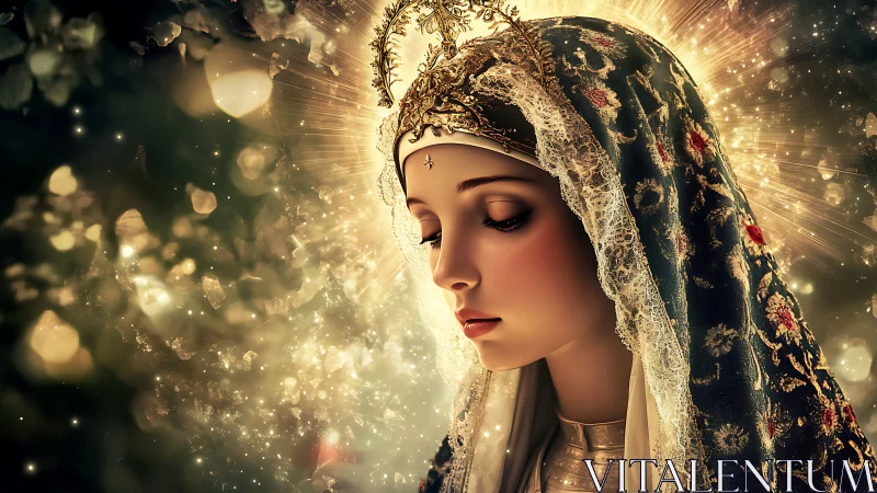 Luminescent crowned figure in ornate brocade veil haloed.