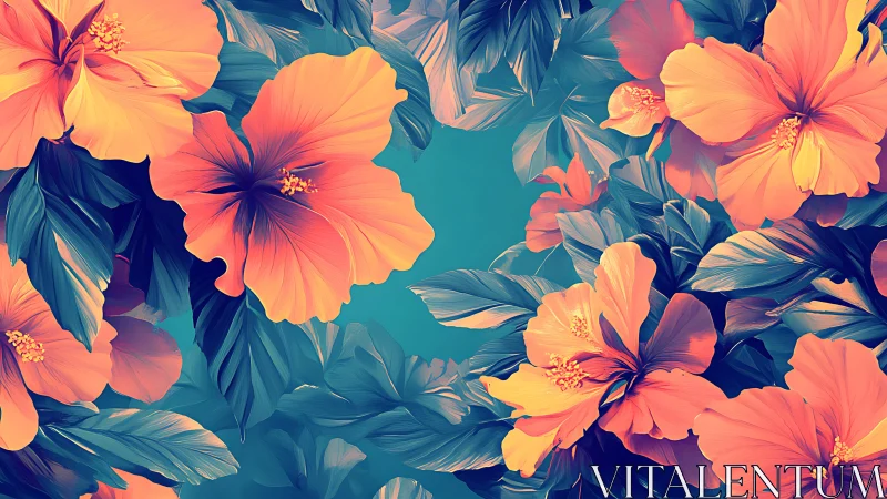 High-saturation digital hibiscus blooms rendered with gradient luminosity and chromatic depth