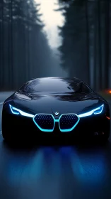 BMW concept car with blue LEDs on wet forest roadway.