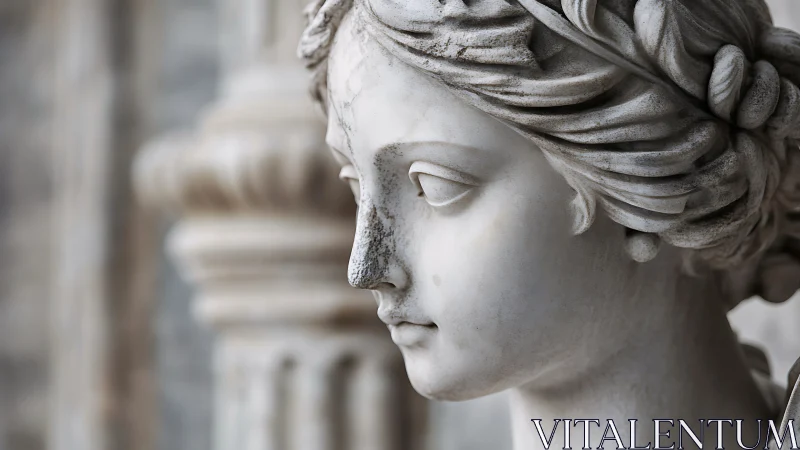 Classical marble statue portrait with weathered serene face.