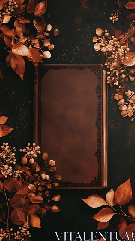 Vintage leather tome framed by sepia botanical ornamentation.