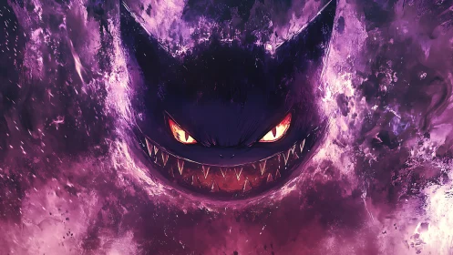 Malevolent spectral cat face emerging from violet storm clouds.