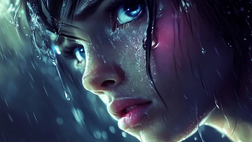 Close-up digital portrait of wet face in blue-toned rain.