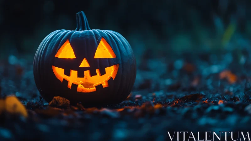 Glowing jack o lantern on dark autumn forest floor.