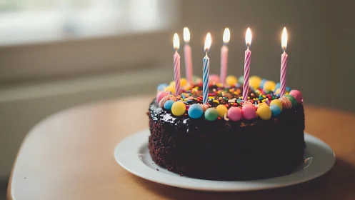 Candlelit Celebration: Dark Chocolate Cake Glows with Spirited Wishes.