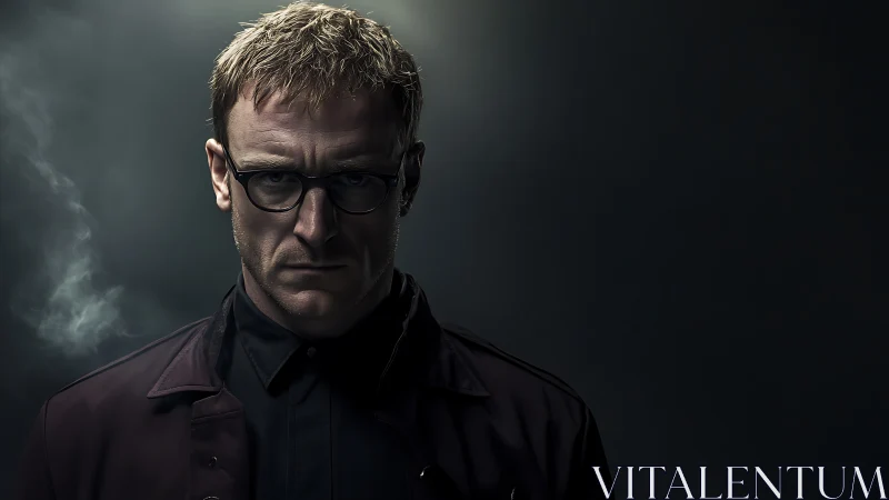 Brooding man in glasses confronts the viewer in moody light