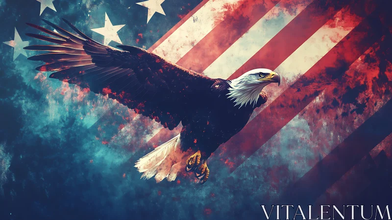 Soaring bald eagle crosses a weathered American flag sky.