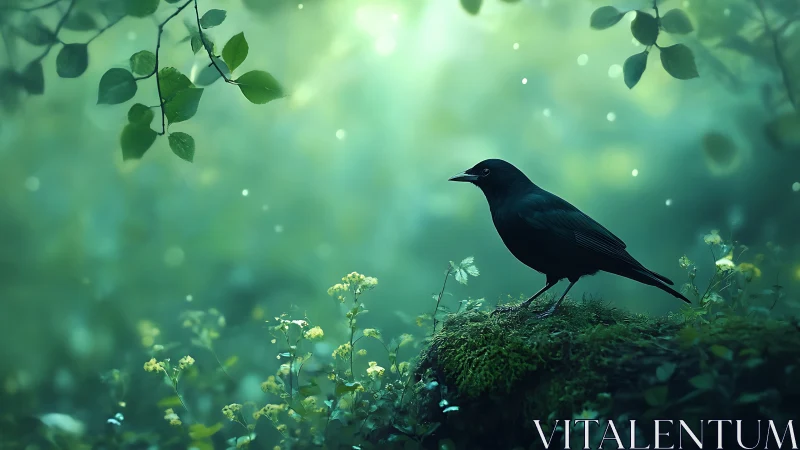 Blackbird rests on mossy log in softly glowing forest haze