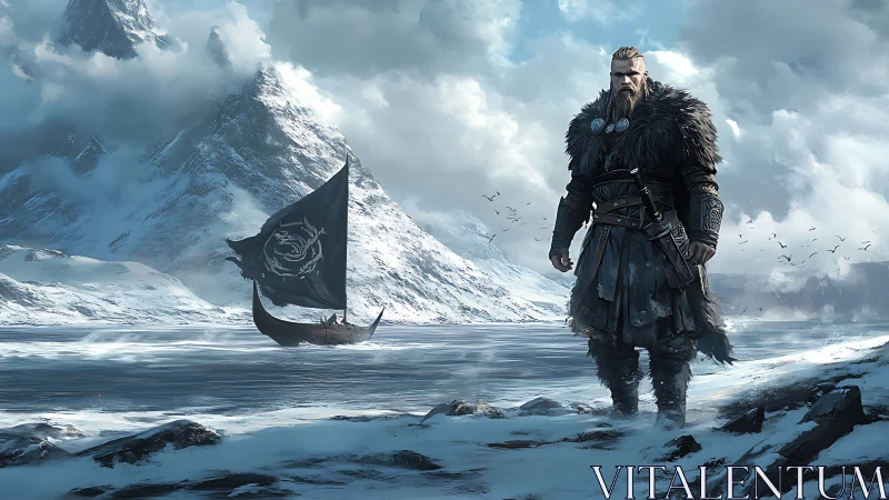 Viking warrior dominates frozen fjord beneath storm peaks.
