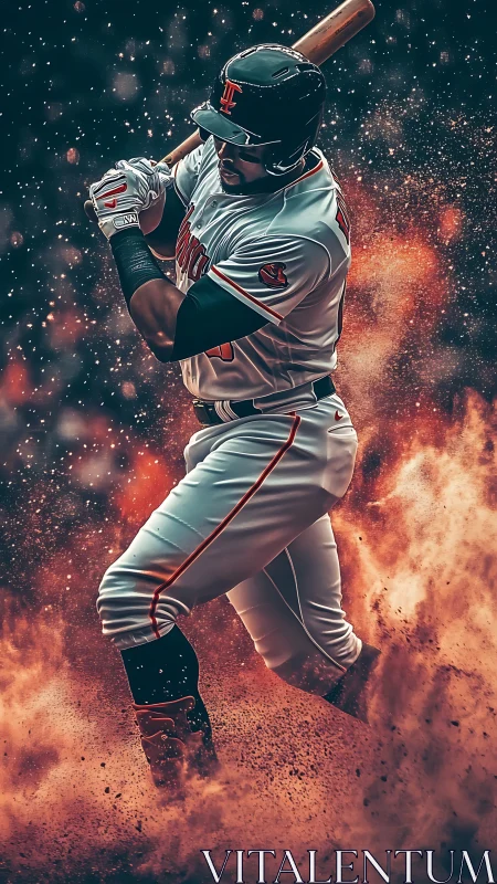 Baseball batter in dynamic swing amid stylized dust cloud