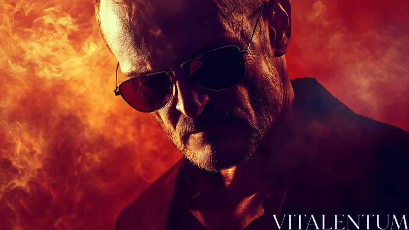 Middle-aged man in sunglasses is lit by directional red light