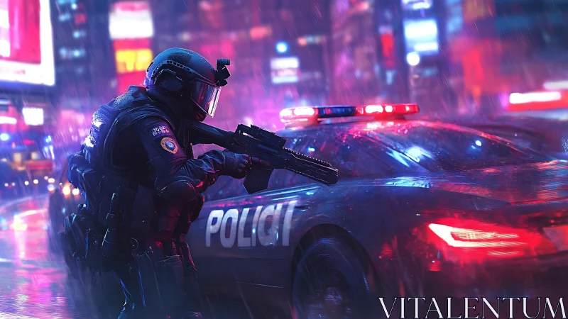 Heavily armed officer aims rifle beside police car in rain