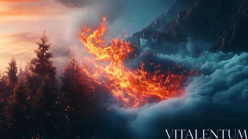 Phoenix Rising from Mountain Valley. Inferno Engulfs Alpine Landscape.