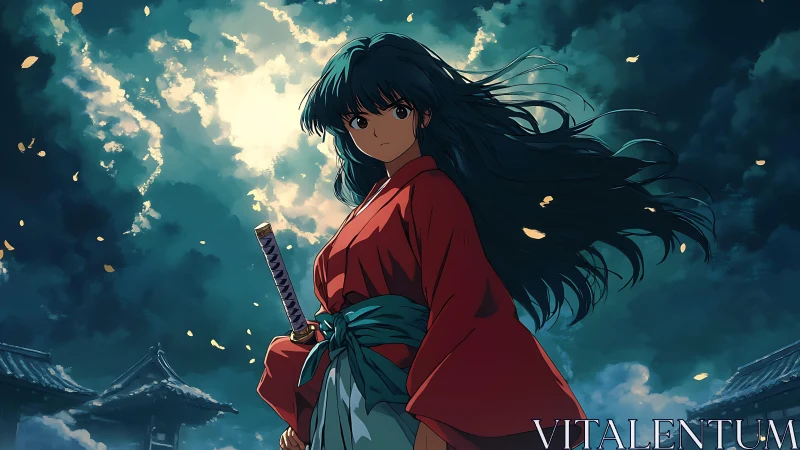 Stormlit samurai girl stands beneath swirling moonlit sky.