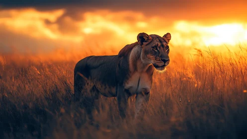 Lioness stalking through blazing savanna sunset light.