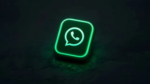 Neon-Illuminated WhatsApp Logo Icon with Vibrant Green Glow