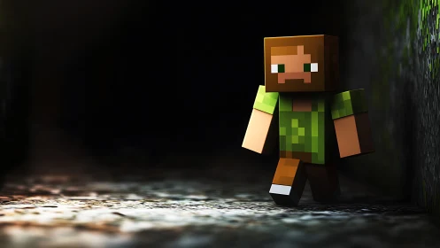 Blocky game character walking through dark stone tunnel.