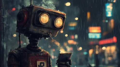 Rain-soaked robot scrolls neon messages through city drizzle