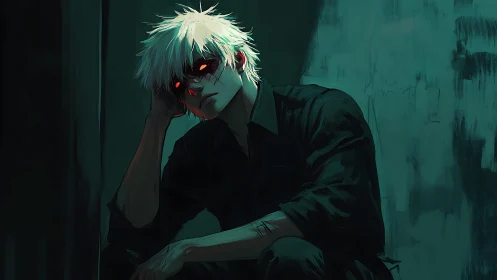 White-haired figure sits in shadow with glowing red eyes