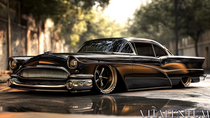 Low-slung black classic custom coupe reflects urban street