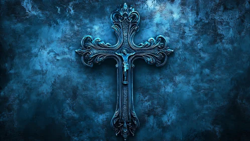 Embossed metallic cross with baroque filigree on textured blue wall