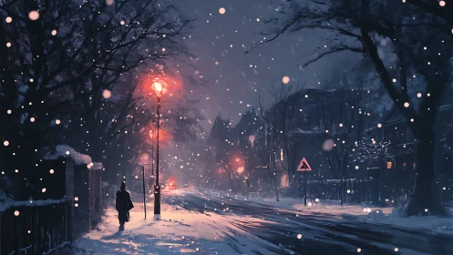 Snow-covered urban street under lamplight with falling flakes at dusk