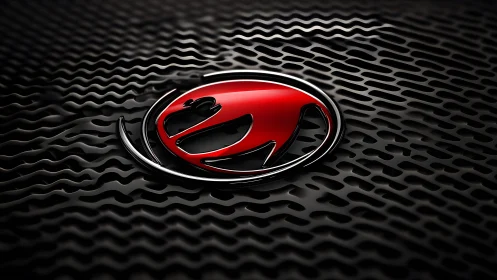 Red stylized panther logo on black textured surface, 3D digital art.