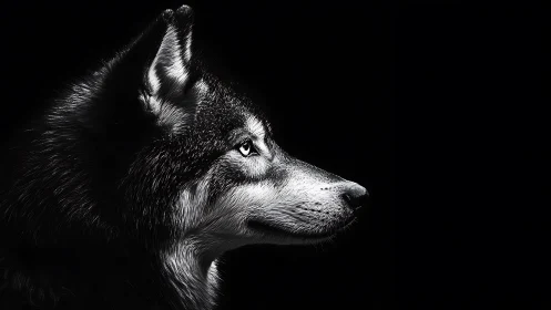 Silver-eyed wolf in quiet profile against deep night sky.