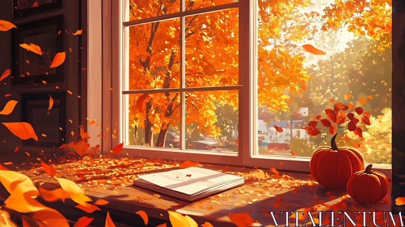 Autumn window interior with pumpkins and drifting leaf scatter.