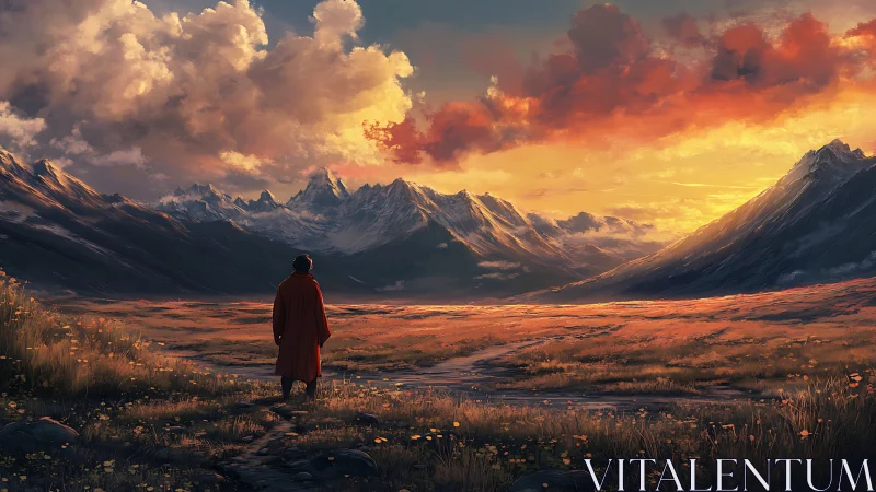 Wanderer in ember fields beneath storm-kissed mountains.