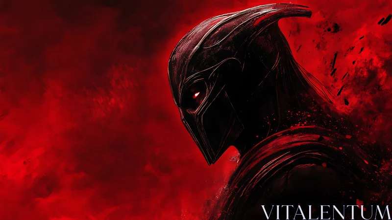 Profile of armored figure in red abstract digital haze.