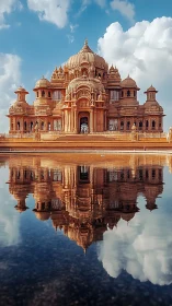 Majestic sandstone temple mirrored on tranquil waters.